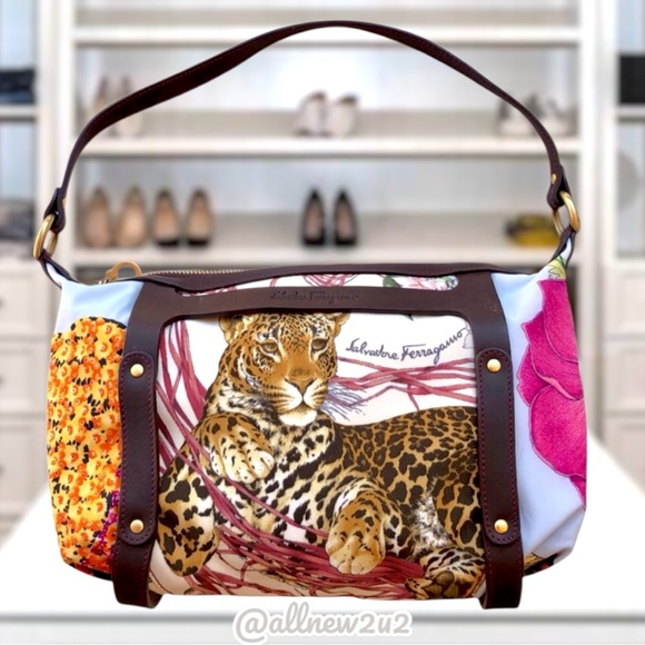 Salvatore Ferragamo Gancini Shoulder Bag Floral Animal Print Multi-Host Pick! - Picture 4 of 16